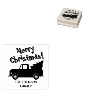 Vintage truck with Christmas tree drawing Rubber Stamp