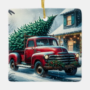 Vintage Truck with Christmas Tree Personalised Ceramic Ornament