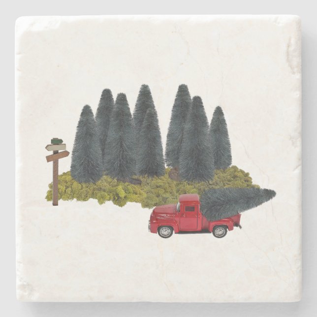 Vintage Truck with Christmas Tree Stone Coaster (Front)