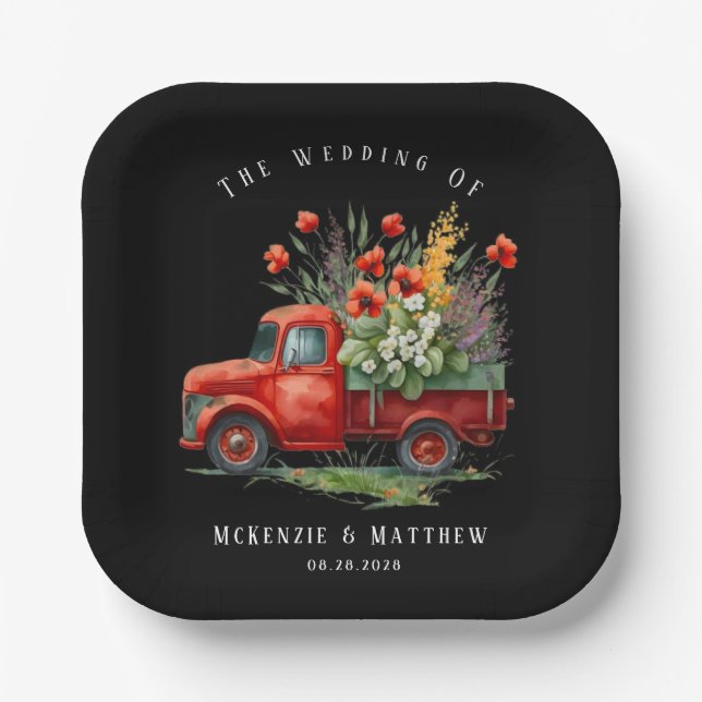 Vintage Truck With Red Poppies Wedding Paper Plate (Front)