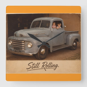 Vintage truck with two toddlers "driving" square wall clock