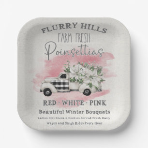 Vintage Truck With White Poinsettia Farm Fresh Pap Paper Plate