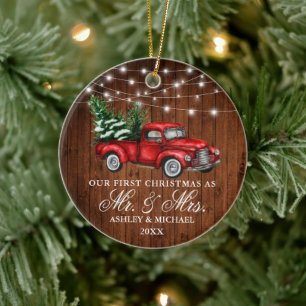 Vintage Truck Wood Lights Mr. Mrs. Christmas Ceramic Ornament
