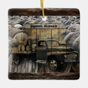 Vintage Truck Wooden Barrels Ceramic Ornament