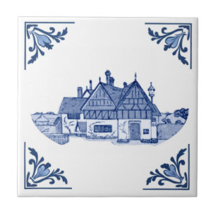 Vintage Tudor House Home Delft Blue & White Ceramic Tile