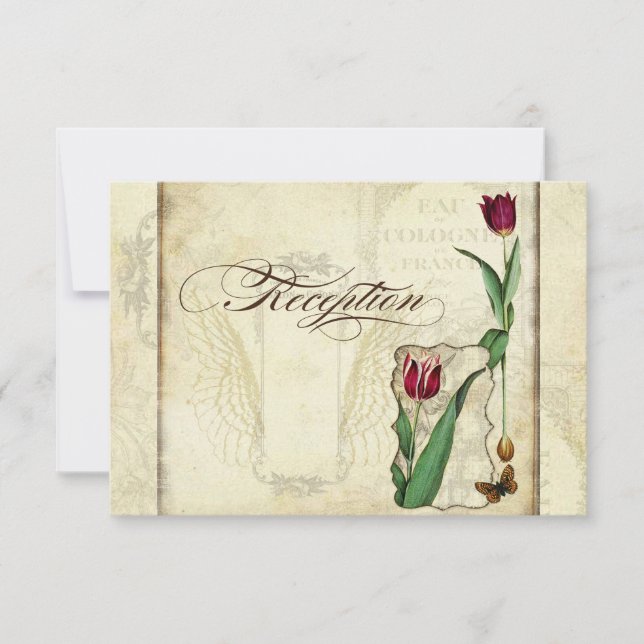 Vintage Tulips Angel Wings Tea Stained Reception Invitation (Front)