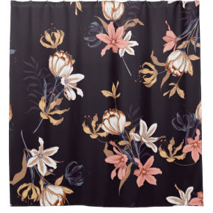 Vintage tulips, dark purple background shower curtain