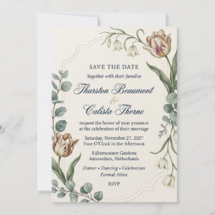 Vintage Tulips, Eucalyptus, Scalloped Border Frame Invitation
