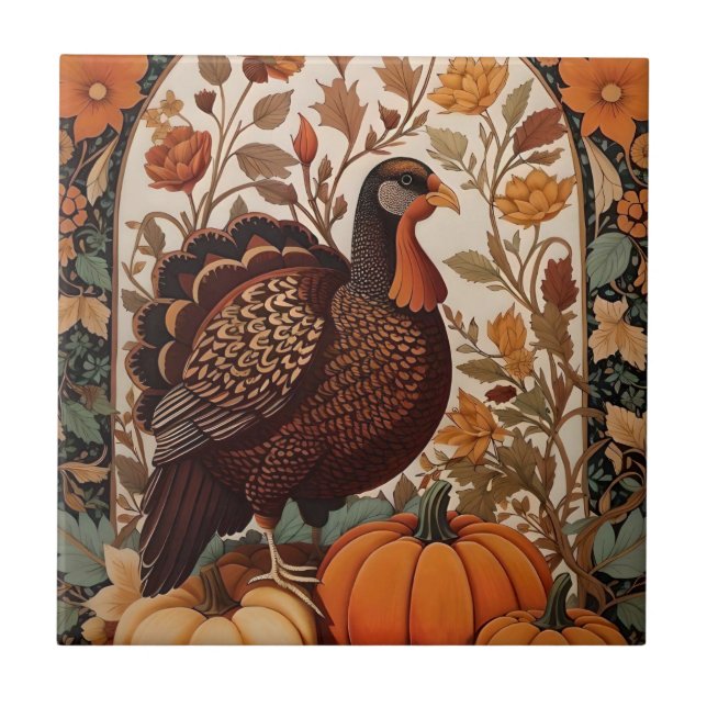 Vintage Turkey and Pumpkins Autumn Ceramic Tile (Front)