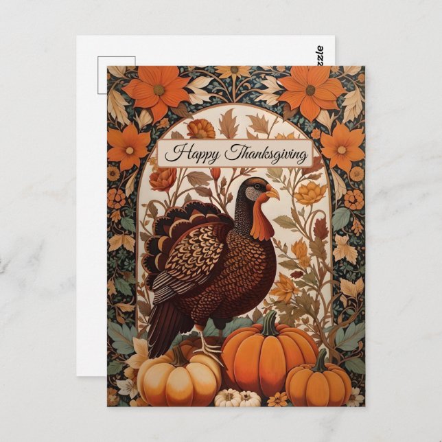 Vintage Turkey and Pumpkins Happy Thanksgiving Postcard (Front/Back)