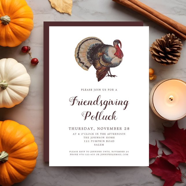 Vintage Turkey Friendsgiving Potluck   Invitation (Vintage Turkey Friendsgiving Potluck Invitation)