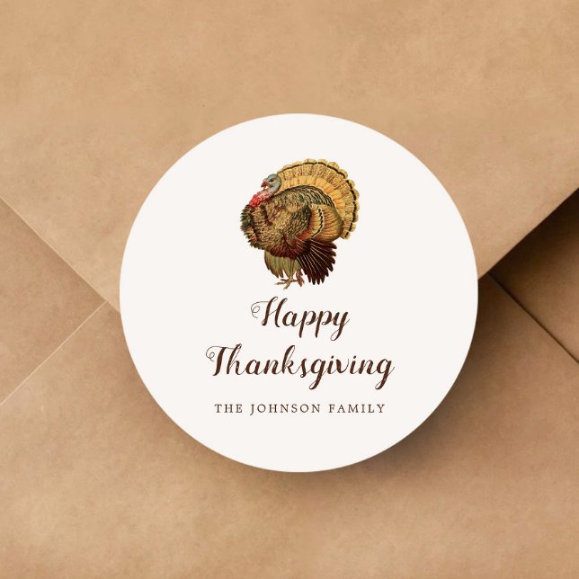 Vintage Turkey Happy Thanksgiving Classic Round Sticker (Vintage Turkey Happy Thanksgiving Classic Round Sticker)