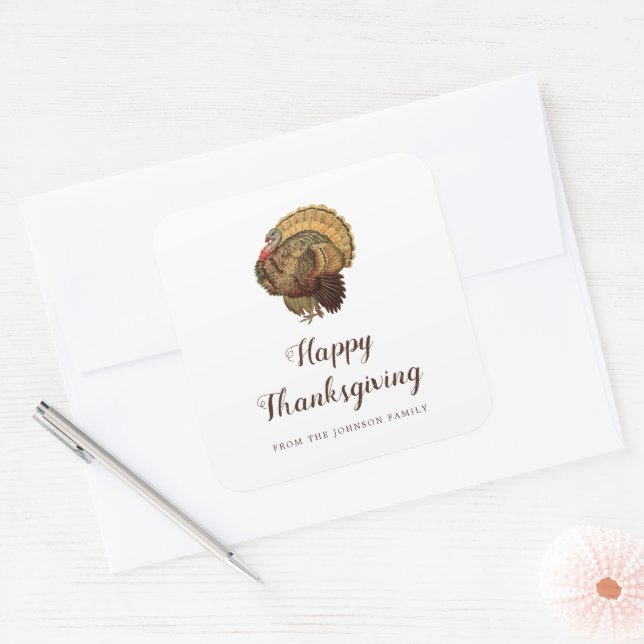 Vintage Turkey Happy Thanksgiving  Square Sticker (Envelope)