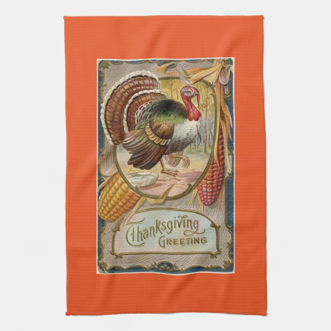 Vintage Turkey Thanksgiving Greeting Tea Towel (Vertical)
