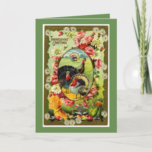 Vintage Turkey Thanksgiving Greetings Holiday Card (Front)