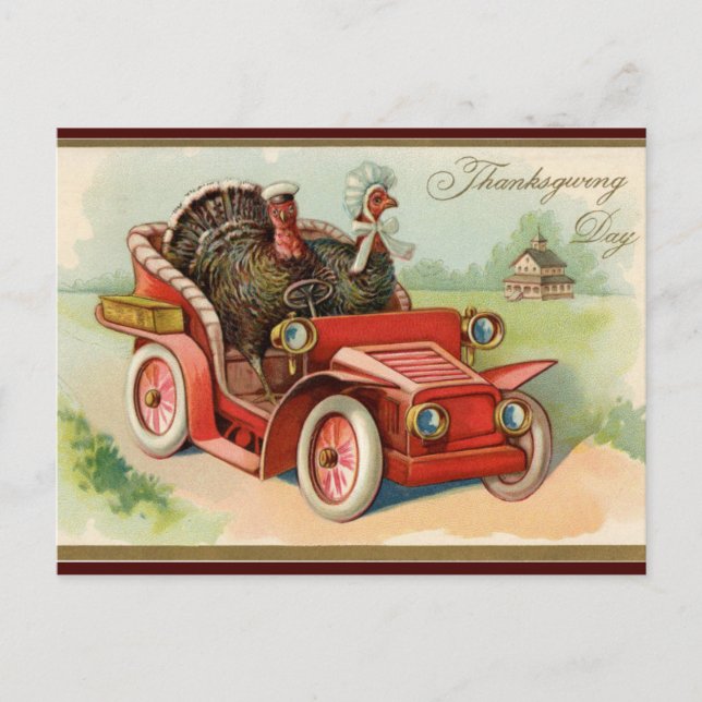 Vintage Turkeys Riding  in a Car Thanksgiving Postcard (Front)