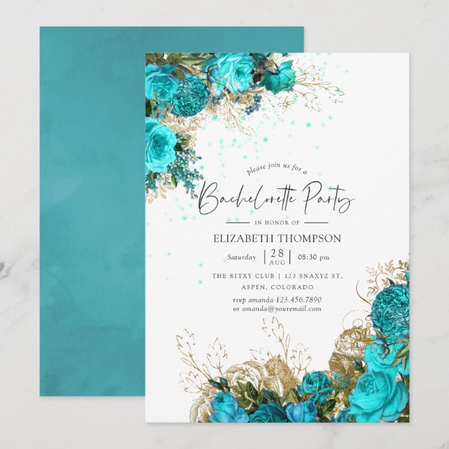 Vintage Turquoise and Gold Bachelorette Party Invitation (Front/Back)