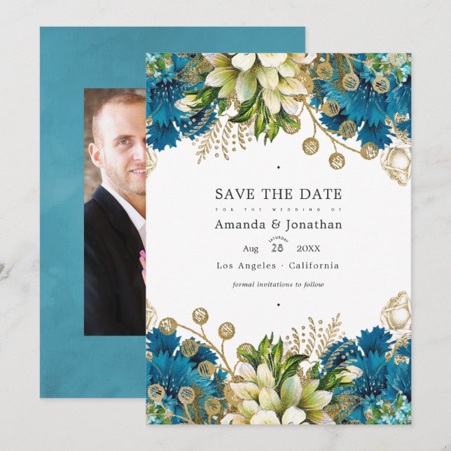 Vintage Turquoise and Gold Chic Floral Wedding Save The Date (Front/Back)