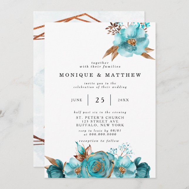 Vintage Turquoise and Gold Peony Geometric Invitation (Front/Back)