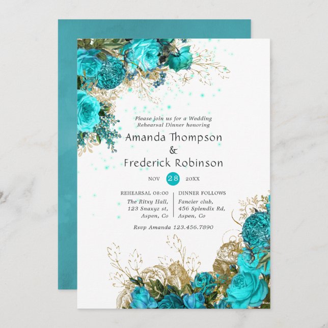 Vintage Turquoise and Gold Rehearsal Dinner Invitation (Front/Back)