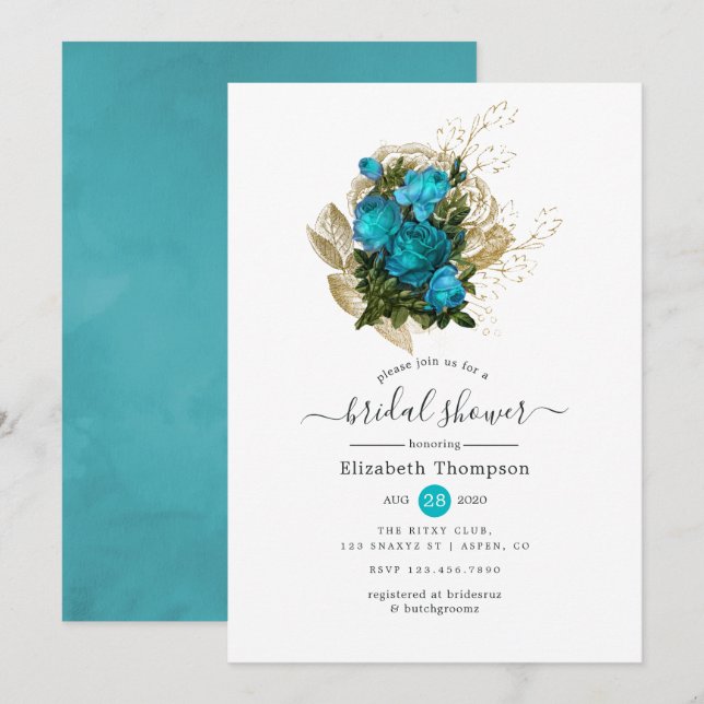 Vintage Turquoise and Gold Shabby Bridal Shower Invitation (Front/Back)