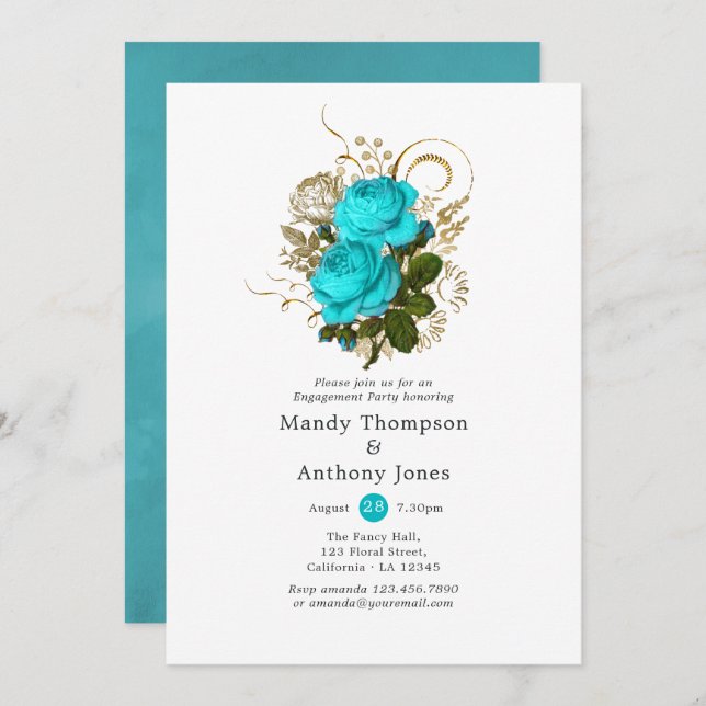 Vintage Turquoise and Gold Shabby Engagement Party Invitation (Front/Back)