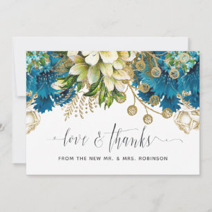 Vintage Turquoise and Gold Shabby Floral Wedding Thank You Card