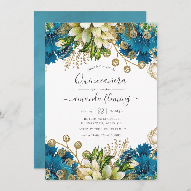 Vintage Turquoise and Gold Shabby Quinceañera Invitation (Front/Back)