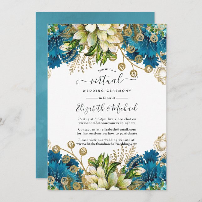 Vintage Turquoise and Gold Shabby Virtual Wedding Invitation (Front/Back)