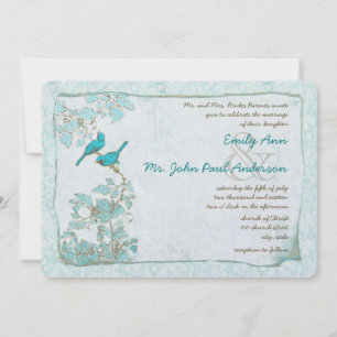 Vintage Turquoise Aqua Blue Birds Damask Wedding Invitation