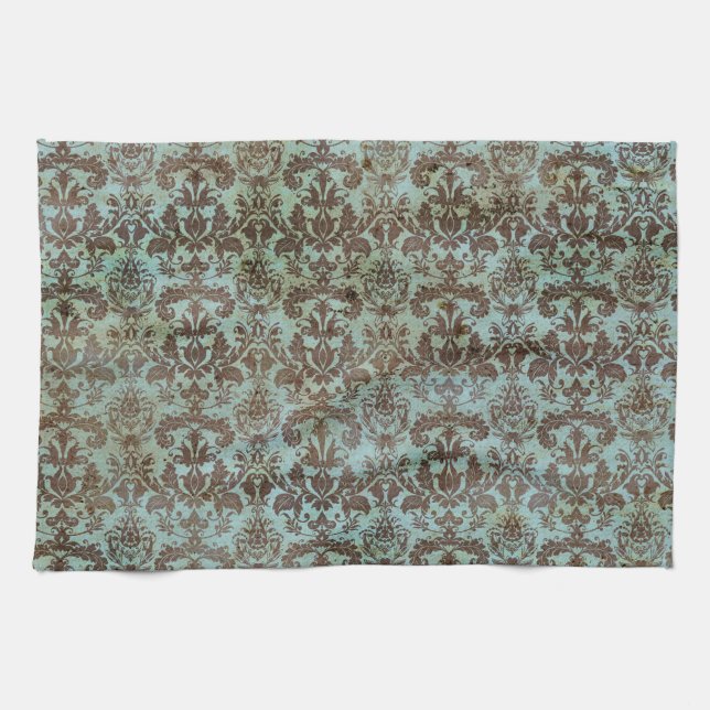 Vintage Turquoise Blue Brown Damask Pattern Tea Towel (Horizontal)