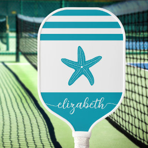 Vintage turquoise blue coastal beach starfish name pickleball paddle