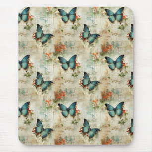 Vintage Turquoise Butterflies Rustic Floral Mouse Pad