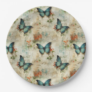 Vintage Turquoise Butterflies Rustic Floral Paper Plate