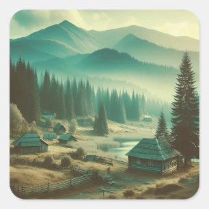 Vintage Turquoise Forest Pine & Rural Nature Square Sticker