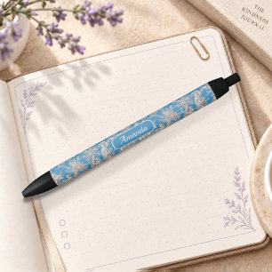 Vintage Turquoise French Toile de Jouy Floral Black Ink Pen