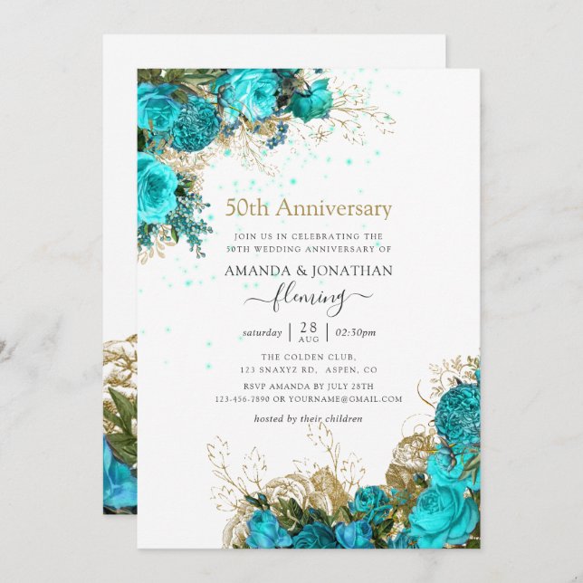 Vintage Turquoise & Gold 50th Wedding Anniversary Invitation (Front/Back)