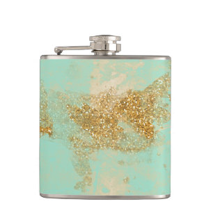 *~* Vintage Turquoise Gold Glitter Golden Shabby Hip Flask