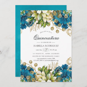 Vintage Turquoise & Gold Shabby Floral Quinceañera Invitation