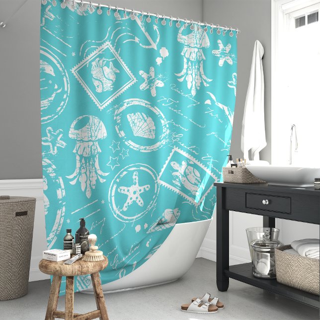 Vintage Turquoise Nautical Sea Stamp Shower Curtain (Creator Uploaded)