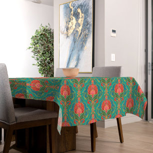 Vintage Turquoise, Red and Gold Floral Pattern Tablecloth