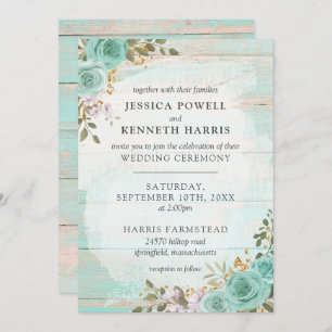 Vintage Turquoise Rustic Wood Floral Roses Wedding Invitation
