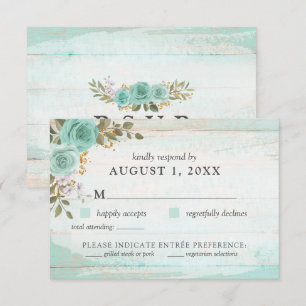 Vintage Turquoise Rustic Wood Floral RSVP Card