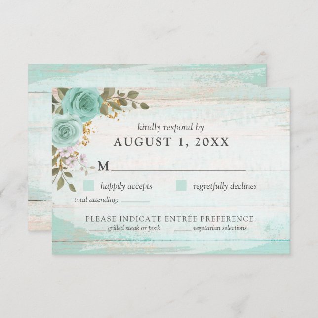 Vintage Turquoise Rustic Wood Floral RSVP Card (Front/Back)