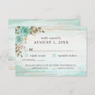 Vintage Turquoise Rustic Wood Floral RSVP Card