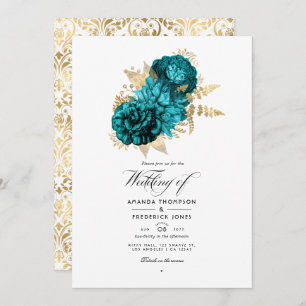 Vintage Turquoise - Teal and Gold Floral Wedding Invitation