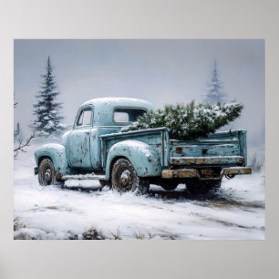 Vintage Turquoise Truck with Christmas Tree Poster