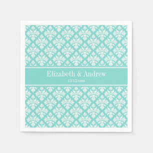 Vintage Turquoise Wht Damask #3 Turq Name Monogram Napkin