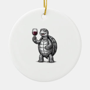 Vintage Turtle Holding Wine Glass Shirt Design_1 Ceramic Ornament