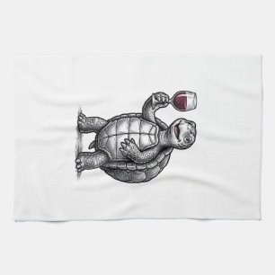Vintage Turtle Holding Wine Glass Shirt Design_1 Tea Towel
